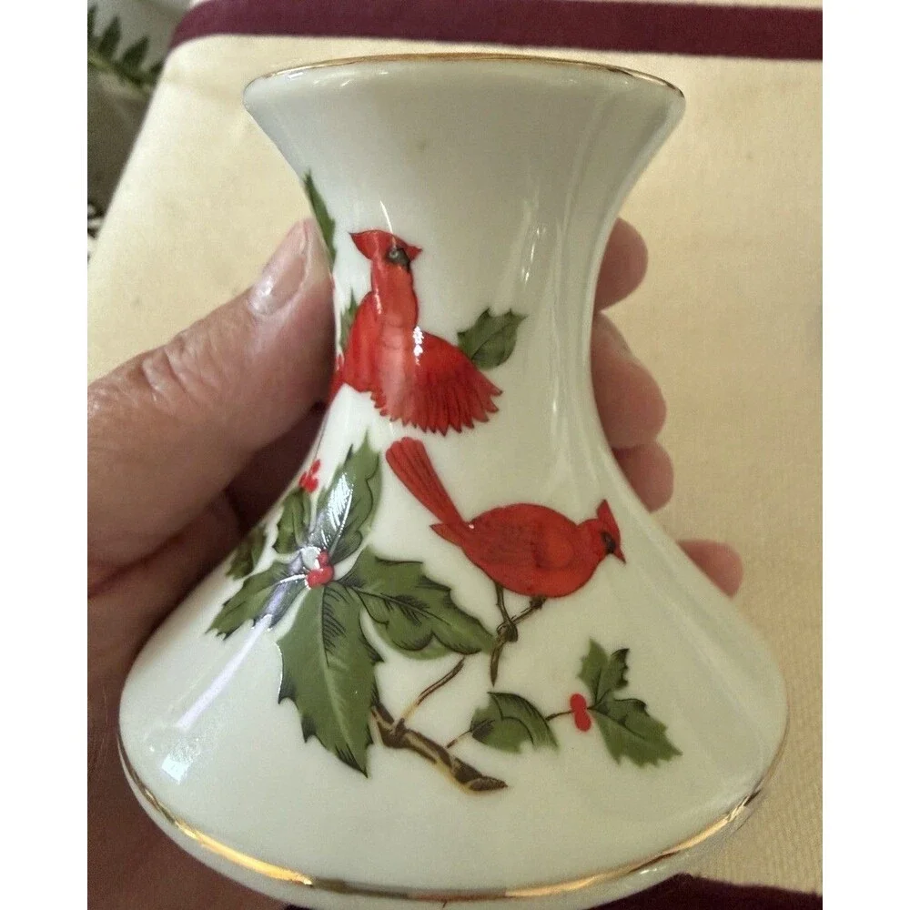 Vintage Lefton China Porcelain Candleholders Cardinal and Holly Berry Set of 2